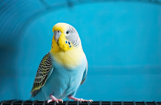 Zdjęcie niebieski budgie bird w klatce kopiowania przestrzeni