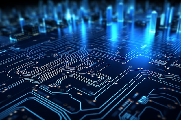 Zdjęcie niebieski diagram obwodu technologicznego z świecącymi światłami liniowymi