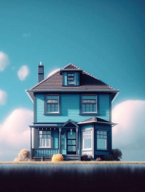 Niebieski dom na niebieskim tle nieba i chmur