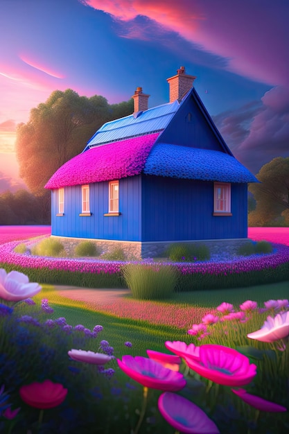 niebieski dom otoczony polem różowych kwiatów, niebo, letni zachód słońca