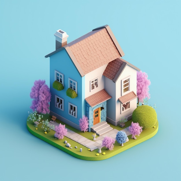 Niebieski dom z brązowym dachem i różowo kwitnącym drzewem z przodu.