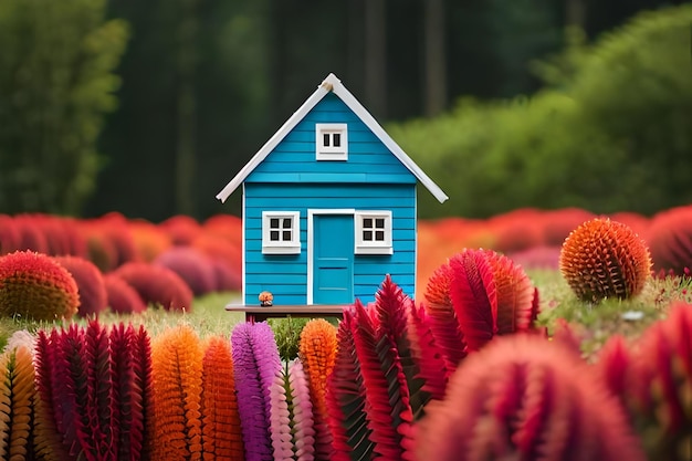 Zdjęcie niebieski dom z niebieskim domem pośrodku kwiatów.