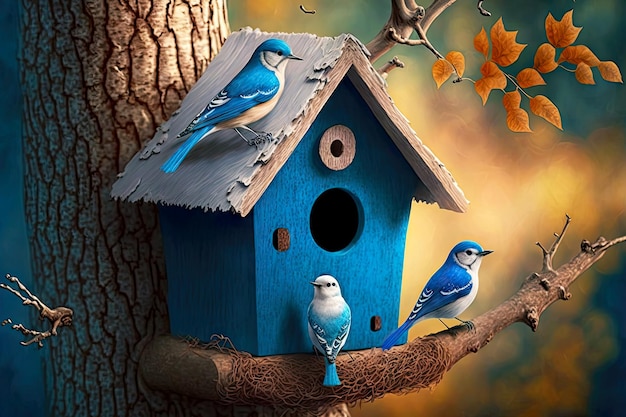 Niebieski domek dla ptaków z białymi ptakami na gałęzi drzewa w lesie