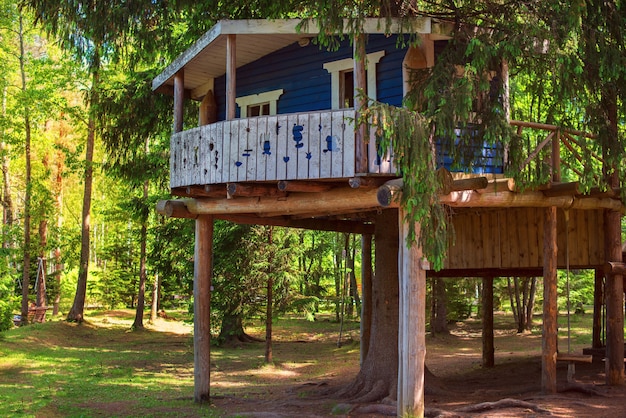 Niebieski domek na drzewie dla dzieci w lesie Ekologiczny plac zabaw szczęśliwego lata na wsi