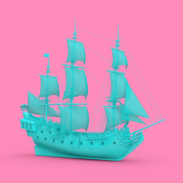 Niebieski drewniany Vintage wysoki żaglowiec, karawela, statek piracki lub okręt wojenny w stylu bichromii na różowym tle. Renderowanie 3D