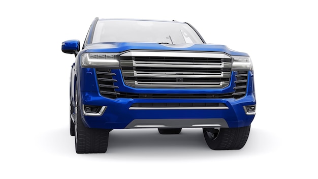 Niebieski duży rodzinny siedmiomiejscowy SUV premium na białym tle ilustracji 3d
