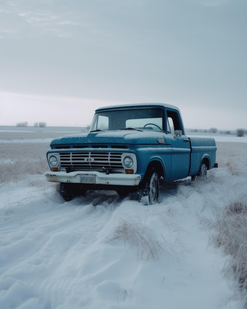 Niebieski Ford F100 V8 1970 Na polu pełnym śniegu Generacyjna AI