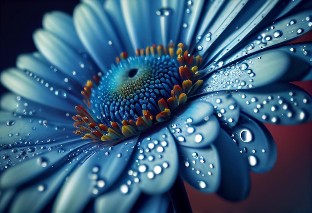 Niebieski gerbera kwiat makro strza? z kropli wody obj?tych na p?atki kwiatu Generative ai