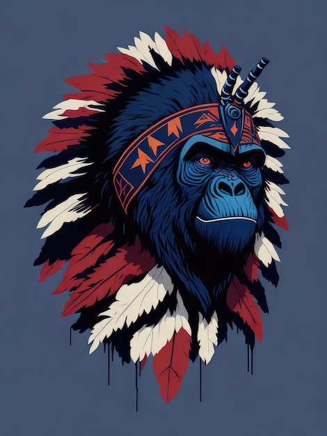Niebieski goryl z czerwonym nakryciem głowy i piórkiem.