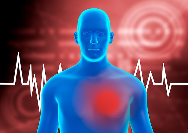 Niebieski hologram ludzkiego ciała Ból w klatce piersiowej lub ucisk w klatce piersiowej spowodowane zmniejszonym przepływem krwi w tętnicach przenoszących tlen do serca Ilustracja 3D
