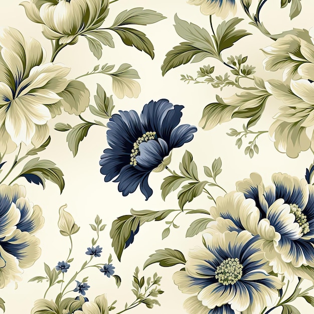 Niebieski i beżowy wzór kwiatowy z jasnoniebieskimi kwiatami i warstwowymi wyrobami pokrytymi płytkami