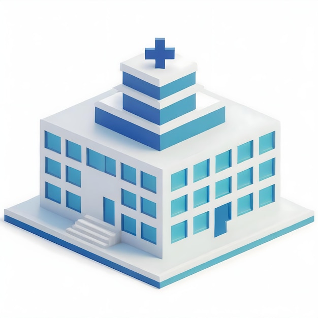 niebieski i biały budynek szpitala z niebieskim krzyżem na szczycie