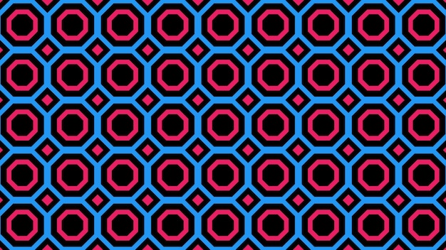 Niebieski i czerwony abstrakcyjny wzór z geometrycznymi kształtami i kropkami.