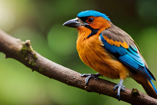 Niebieski i pomarańczowy ptak siedzi na gałęzi.