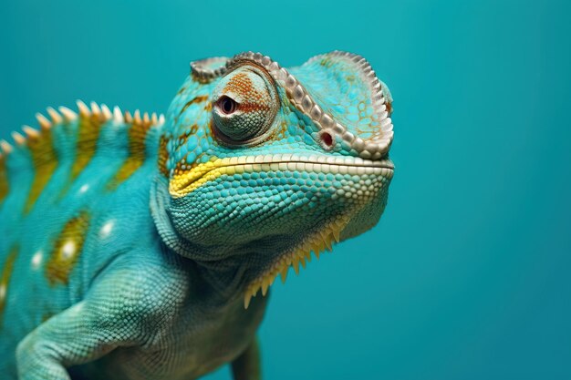 Niebieski i zielony portret kameleona na tle studia