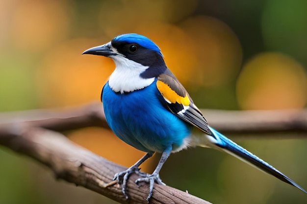 Niebieski i żółty ptak siedzi na gałęzi.