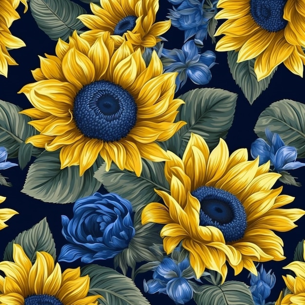 Niebieski i żółty wzór słonecznika z niebieskimi kwiatami.