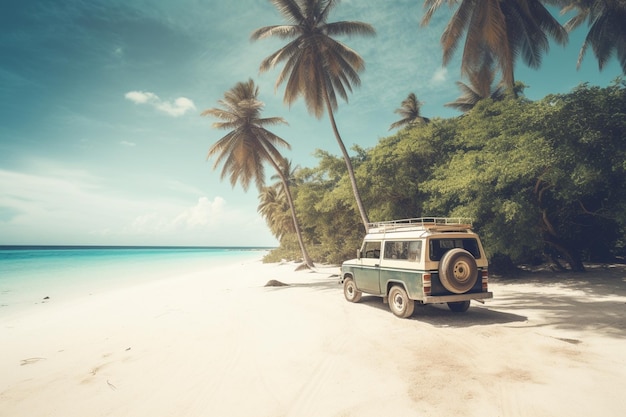 Niebieski jeep jest zaparkowany na plaży z palmami w tle.