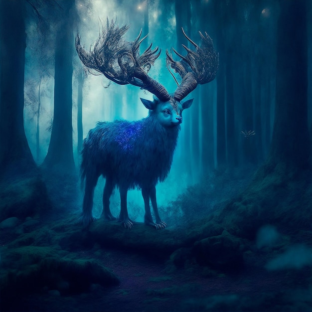 Niebieski jeleń z dużymi rogami stoi w lesie.