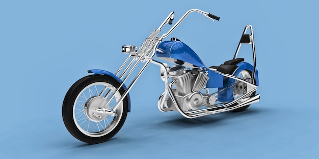 Niebieski klasyczny motocykl niestandardowy na białym tle na jasnoniebieskim tle. renderowania 3D.
