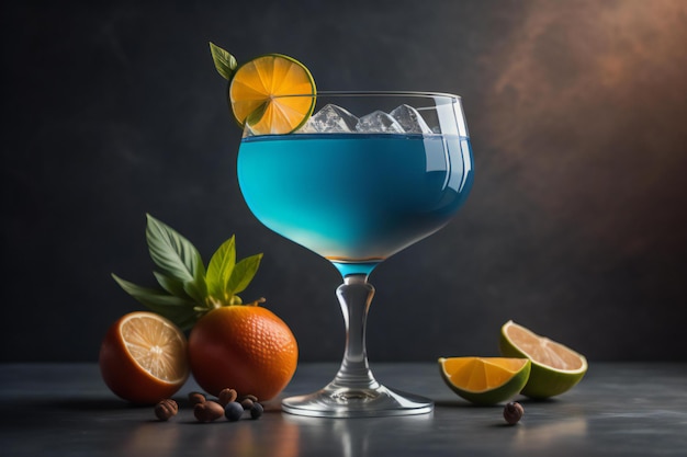 Niebieski koktajl z Curacao z pomarańczem cytrynowym i lodem na ciemnym tle generatywny ai