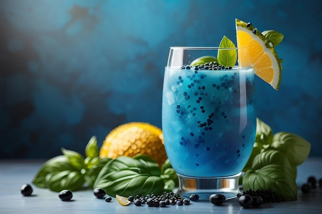 niebieski koktajl z nasionami bazylii i zdrowy napój detoksykacyjny do utraty wagi