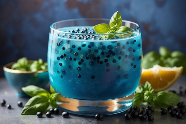 Zdjęcie niebieski koktajl z nasionami bazylii i zdrowy napój detoksykacyjny do utraty wagi