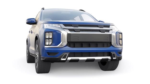 Niebieski kompaktowy miejski SUV na białym jednolitym tle z pustym nadwoziem do projektowania renderowania 3d