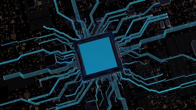 Niebieski komputerowy układ elektroniczny z efektem wielokrotnego filtra niebieskiej poświaty innowacyjny projekt strony czarne tło widok z góry superpłaski jasnobłękitny i złoty render 3d