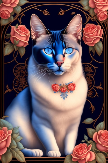 Niebieski kot z czerwoną różą na przodzie.