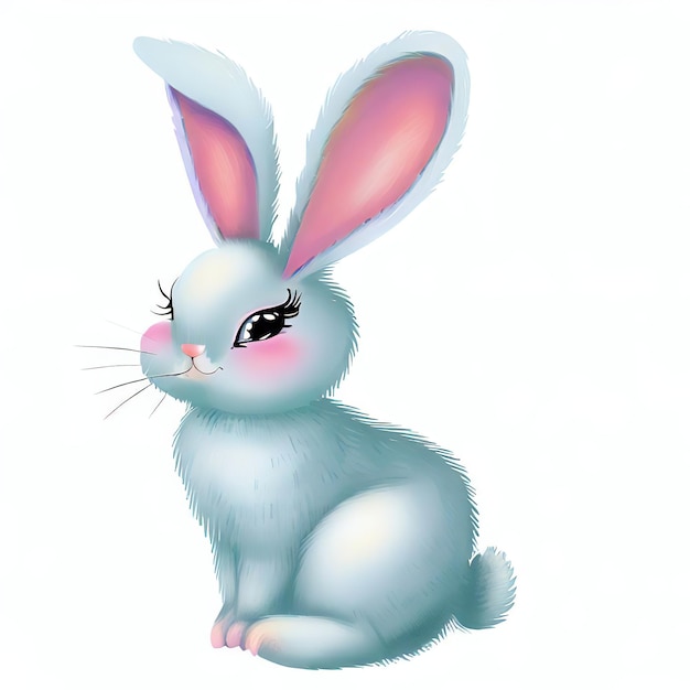 Niebieski króliczek z różowym nosem i czarnymi oczami siedzi na białym tle.