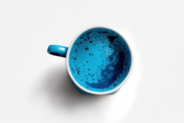 Niebieski kubek kawy widok z góry na białym tle Generative AI