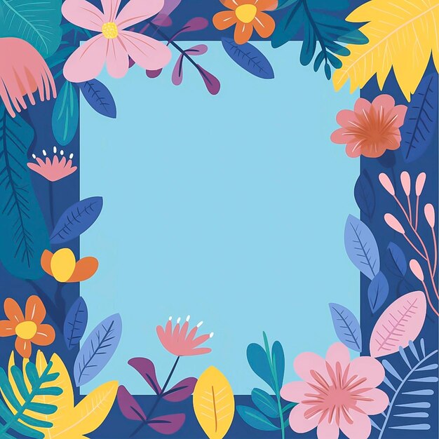 Niebieski kwadrat z kolorowymi kwiatami i liśćmi
