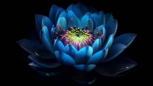 Niebieski kwiat ze złotym środkiem generującym ai