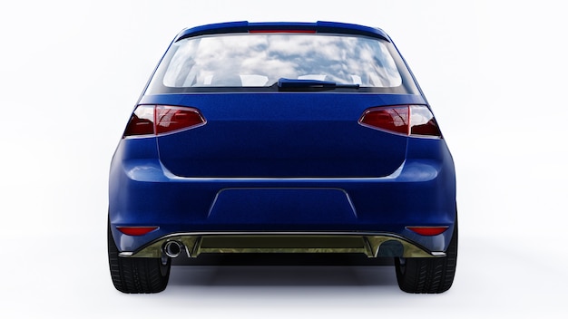 Niebieski mały samochód rodzinny hatchback na białym tle. renderowania 3D.