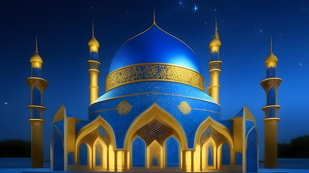 niebieski meczet na niebieskim tle z niebieskim niebem i gwiazdami