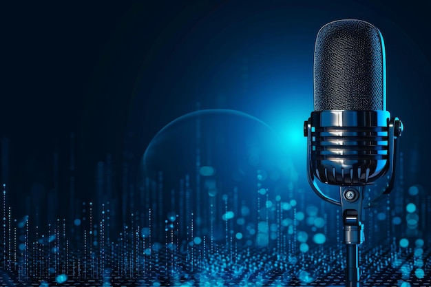 Niebieski mikrofon tła z kształtem fali idealny do nadawania lub podcastingu.