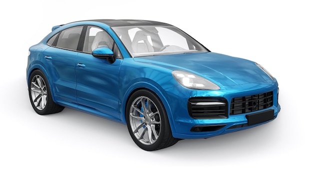 Niebieski model 3d sportowego SUV-a w nadwoziu coupe na białym tle renderowania 3d
