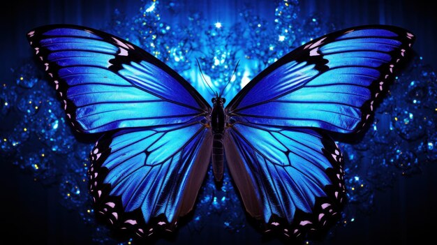 Niebieski motyl siedzący na ciemnym tle z błyszczącymi ai