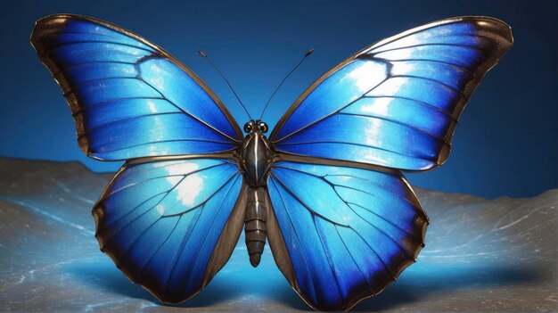 niebieski motyl siedzący na liściu na niebieskim tle z błękitnym niebem