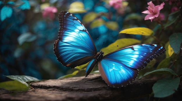 niebieski motyl siedzący na skale w ogrodzie z kwiatami i liśćmi