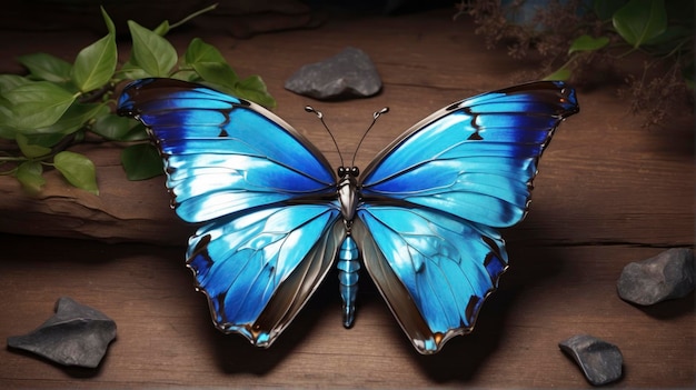 niebieski motyl siedzi na drewnianej powierzchni ze skałami i roślinami w tle