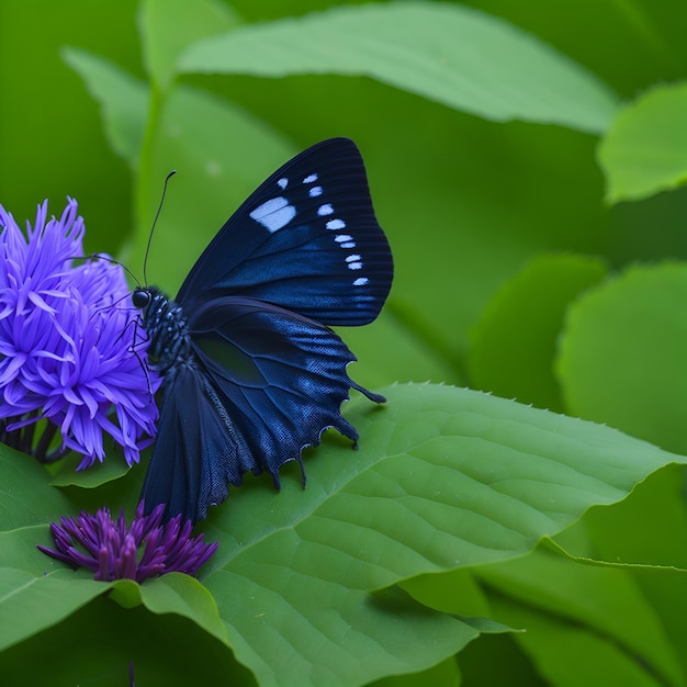 Niebieski motyl siedzi na fioletowym kwiacie.