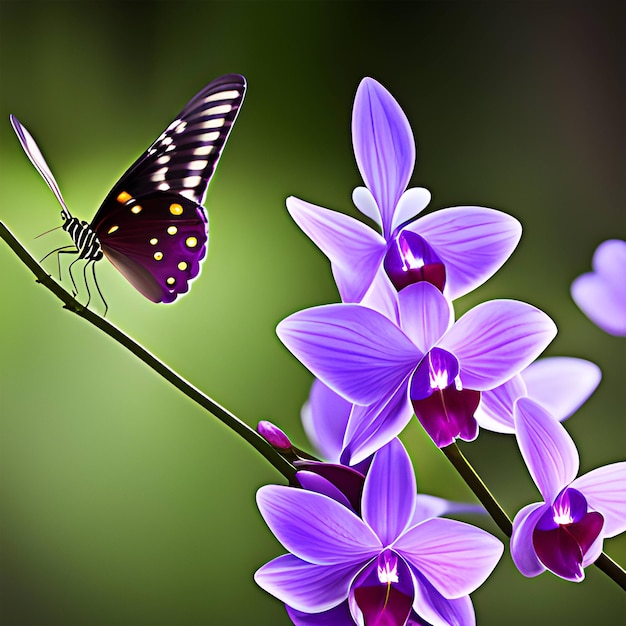 Zdjęcie niebieski motyl w fioletowym kwiecie orchidei ciemne tło ostre skupienie na kwiecie i motyl żywy