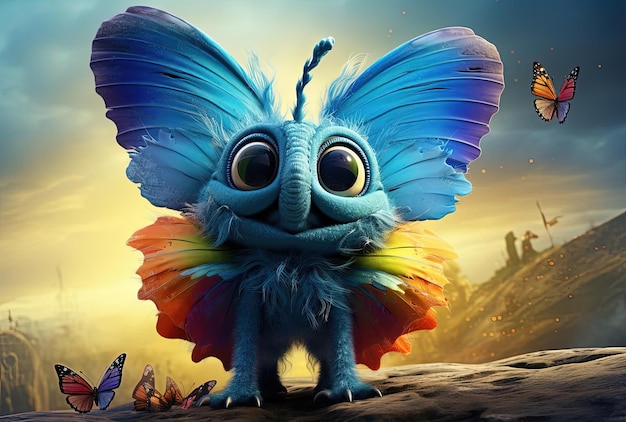 Zdjęcie niebieski motyl z dużymi stopami stojącymi przeciwko tęczy w stylu szczegółowego charakteru