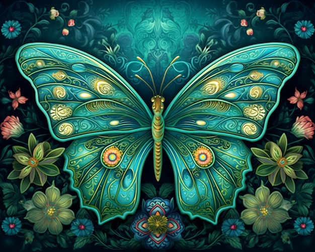 niebieski motyl z ozdobnymi wzorami na skrzydłach siedzi w kwiatowym ogrodzie generatywnym AI