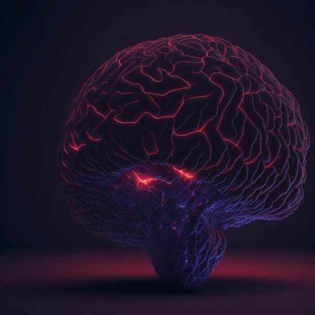 Niebieski mózg z czerwonymi światłami jest pokazany w ciemnym pokoju.