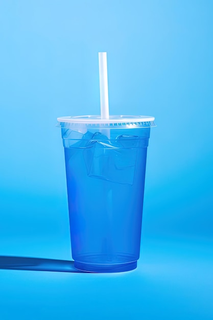 Niebieski napój w plastikowym kubku odizolowanym na niebieskim tle Koncepcja napojów na wynos