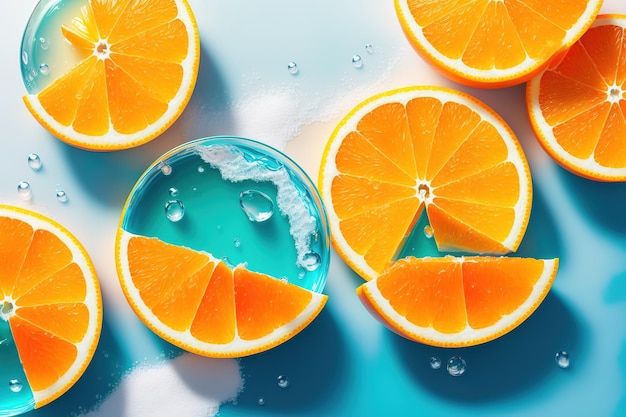 Niebieski napój z kawałkami pomarańczy i niebieskim płynem z napisem pomarańcza