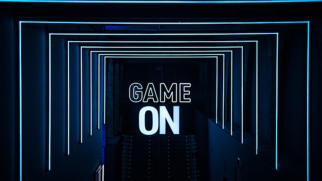 Niebieski neon „GAME ON” prowadzący do korytarza na targach gier